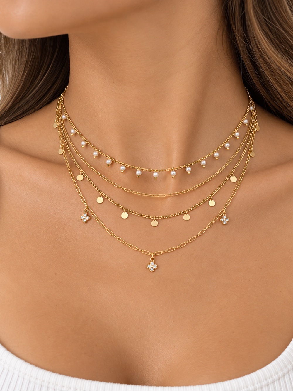 Zara Gold Multi-Layer Pearl & Disc Necklace